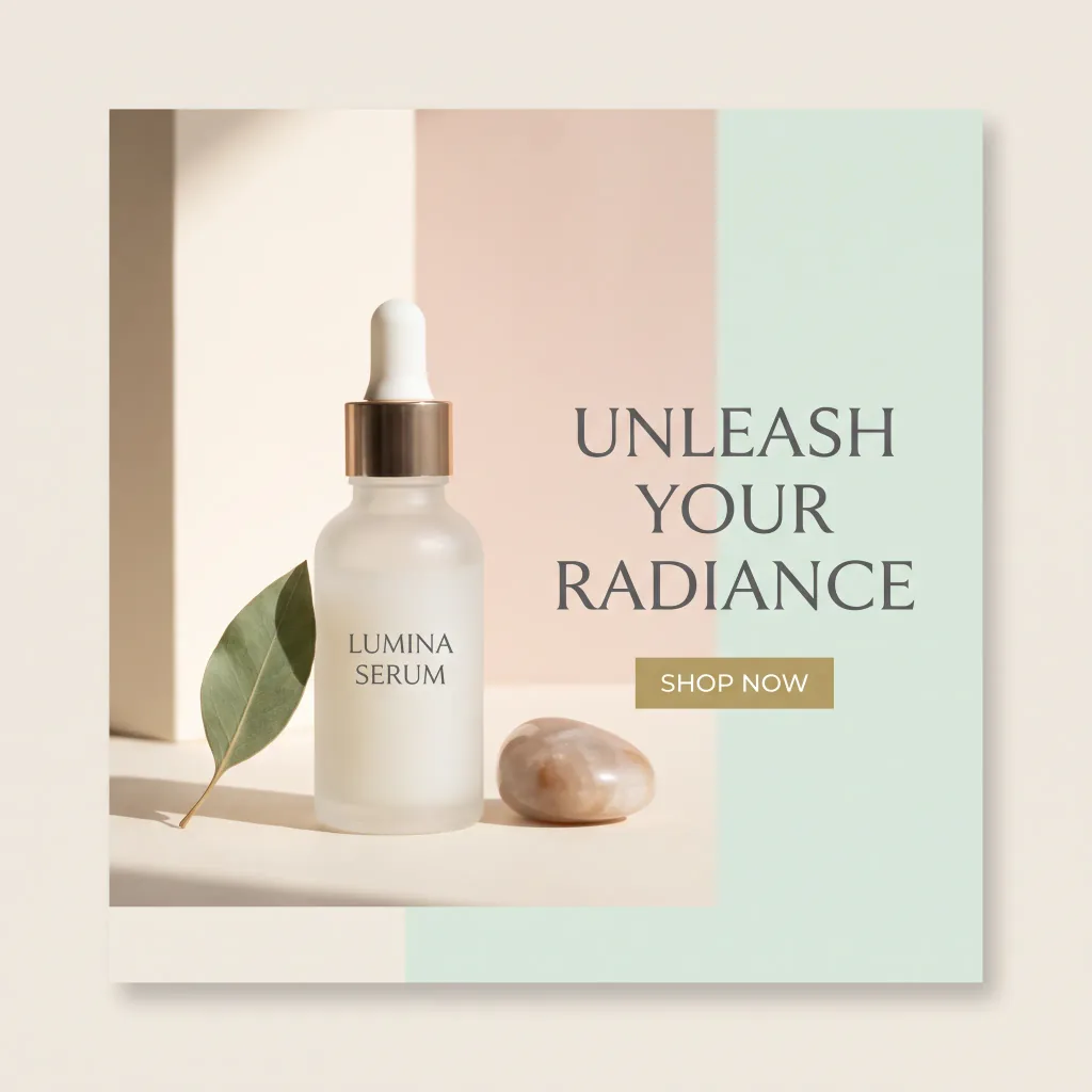 Una creatividad cuadrada para un producto de cosmética: un visual limpio y luminoso, colores premium suaves, el producto en el centro con espacio para titular y CTA.
