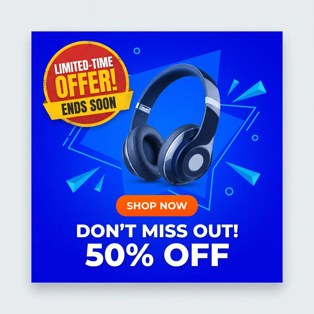 Una creatividad cuadrada de retargeting con una oferta por tiempo limitado: un badge de urgencia, contraste fuerte, el producto en el centro con espacio para un CTA.