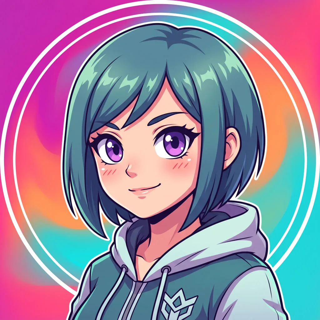 Awatar w stylu anime z czystym cieniowaniem cel, wyrazistymi oczami i żywym gradientowym tłem
