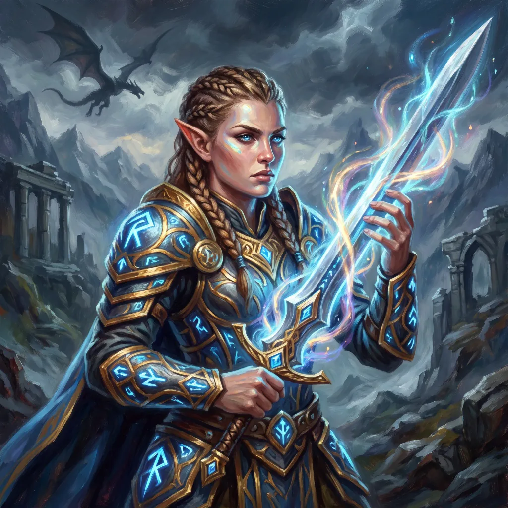 Awatar w stylu fantasy jako elficki wojownik, magiczne rozświetlenie, malarskie detale, dramatyczne tło
