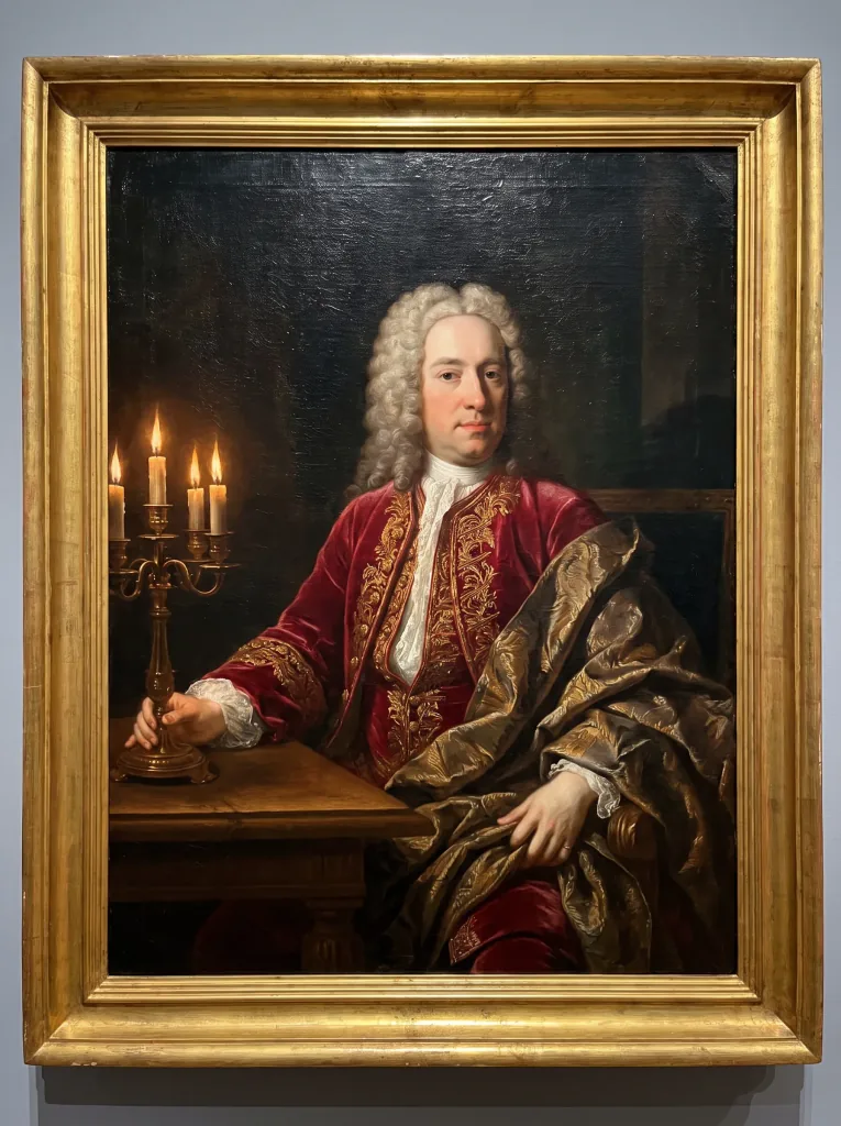 Retrato al óleo de estilo barroco a la luz dramática de las velas, ricos tonos dorados y carmesí, tela drapeada, fondo oscuro profundo