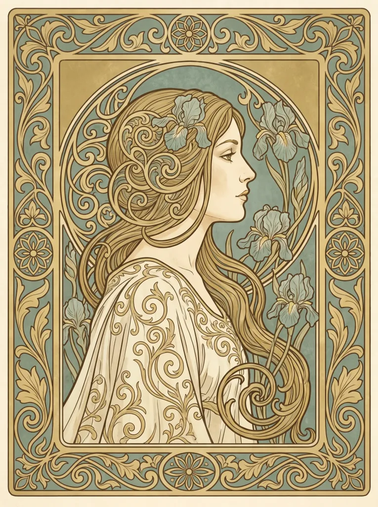 Ilustración de retrato de estilo art nouveau, líneas decorativas fluidas, paleta apagada de oro y turquesa, borde floral, elegante y estilizado