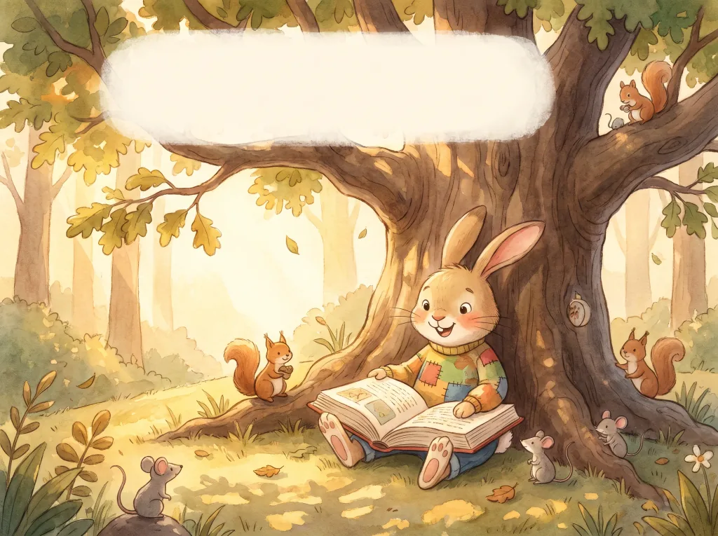 A cozy illustration of a rabbit reading a book under a big oak tree: soft watercolor, warm afternoon light, space for text, horizontal layout.