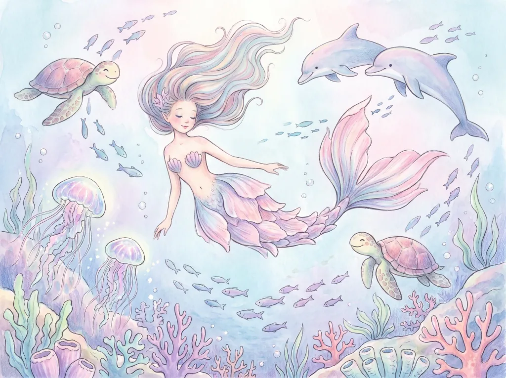 A dreamy underwater illustration of a mermaid and friendly sea creatures: soft pastel colors, whimsical mood, horizontal format.
