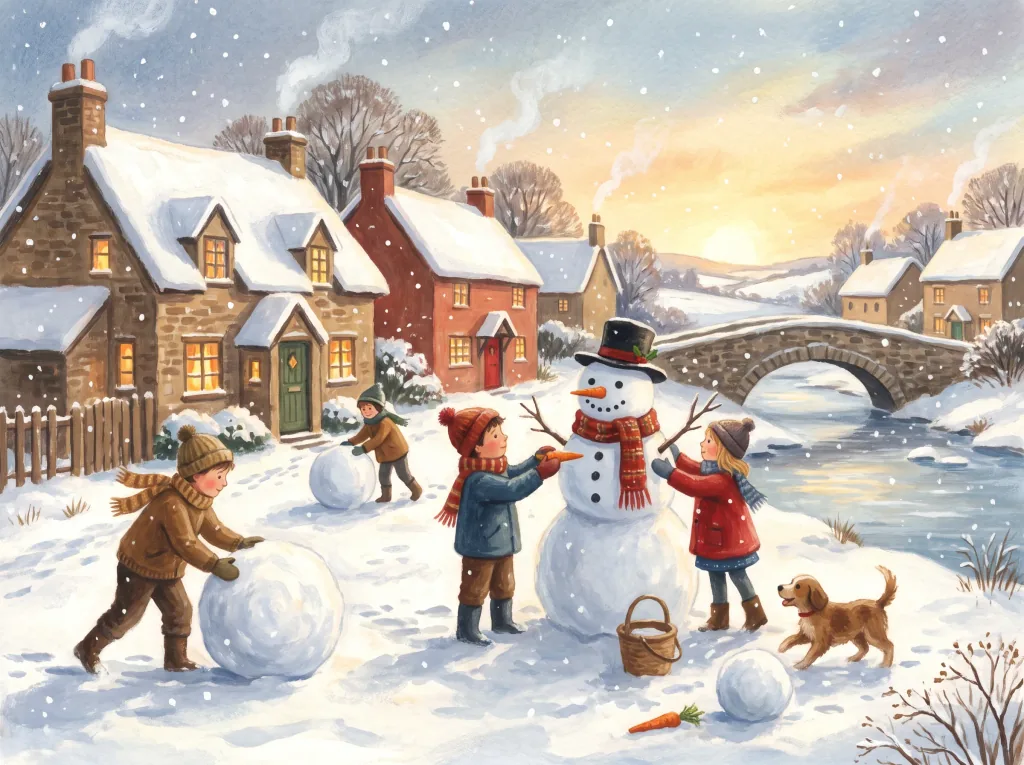 A winter illustration of children building a snowman in a snowy village: gentle gouache style, cozy mood, horizontal layout.