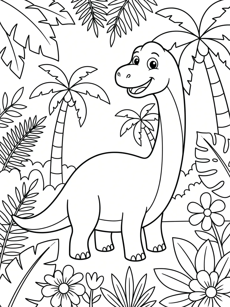 A coloring page of a friendly dinosaur in a jungle: clean thick outlines, no shading, white background, simple shapes.