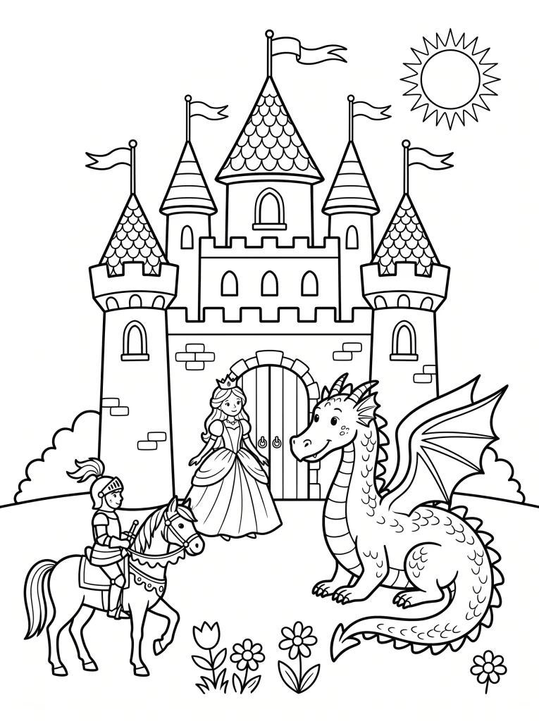 A coloring page of a fairytale castle with a princess and a dragon: clear line art, no gray tones, white background, printable.