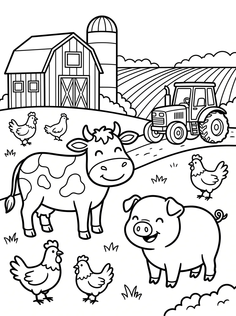 A coloring page of a happy farm with a cow, a pig and chickens: bold simple outlines, no fills, white background, vertical format.