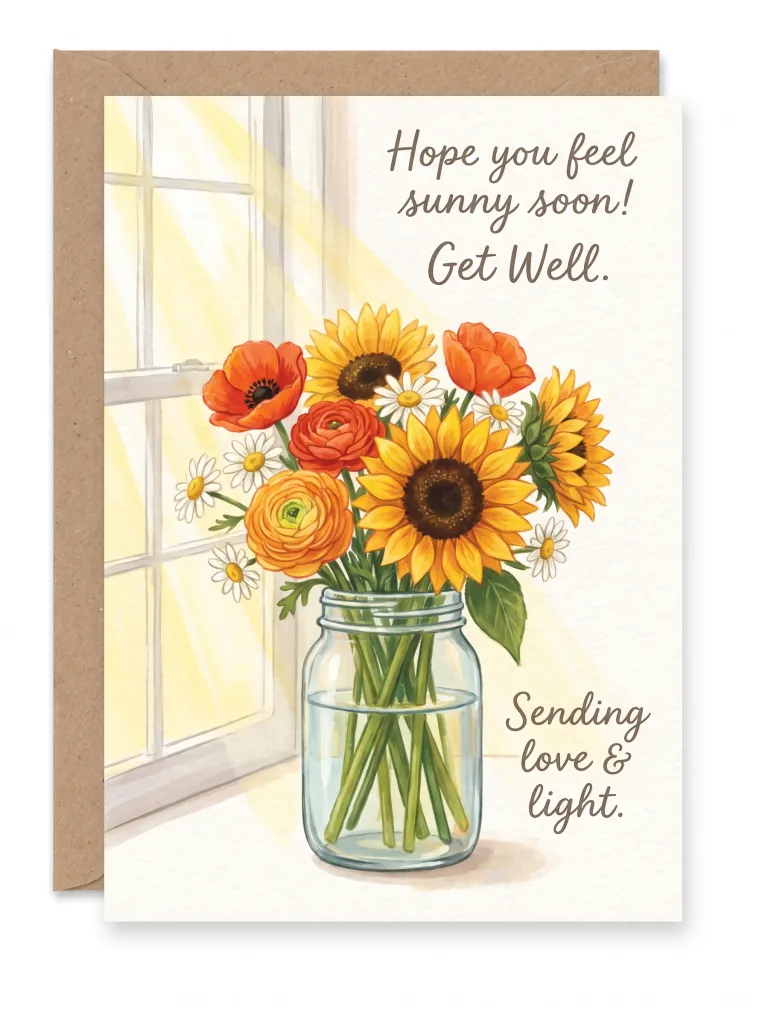 Gute-Besserung-Karte: fröhliche Blumen im Glas, warme sonnige Farben, zarte Handschrift, Hochformat.