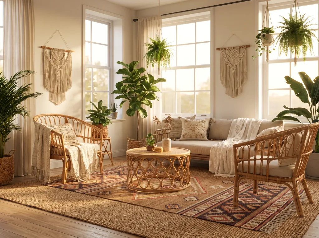 Muestra mi salón en un estilo boho cálido: muebles de ratán, textiles en capas y plantas, conserva la distribución y las ventanas.