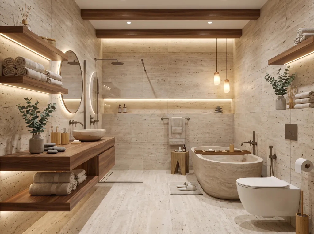 Renueva un baño en estilo spa moderno: piedra natural, acentos de madera cálida y luz suave, conserva la distribución.