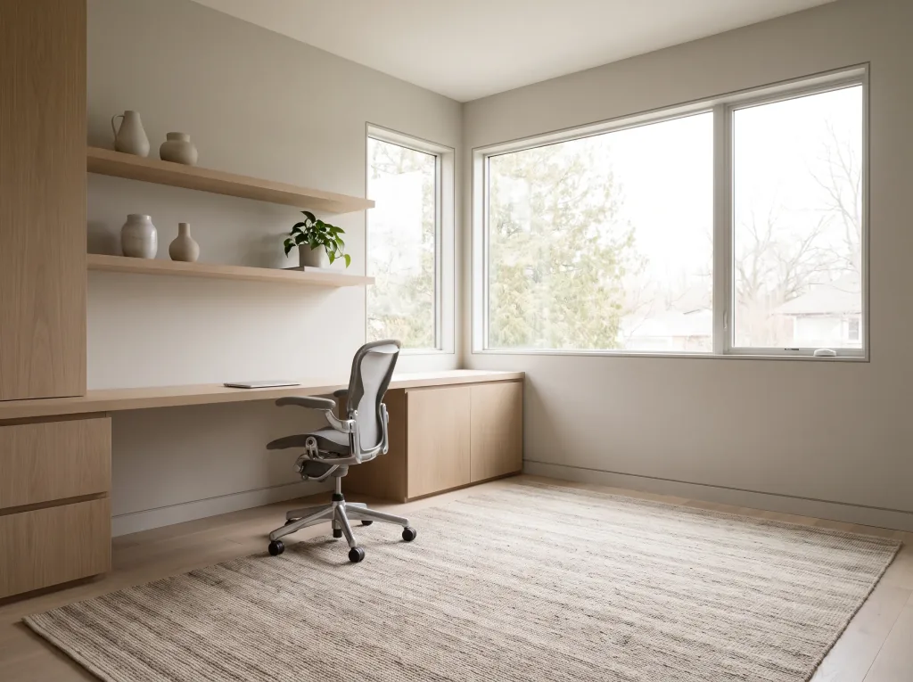 Muestra un despacho en casa en estilo minimalista: líneas limpias, paleta apagada y almacenaje inteligente, conserva la distribución y las ventanas.