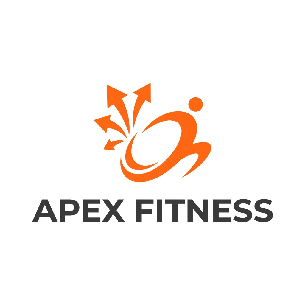 Un logo moderno para un estudio de fitness: un símbolo abstracto dinámico en naranja enérgico, tipografía sans-serif contundente, sobre fondo blanco.