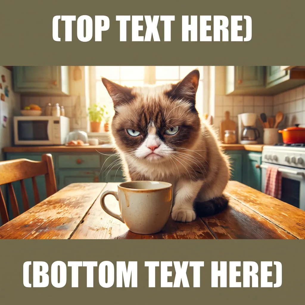 A meme image of a grumpy cat glaring at an empty coffee cup in the morning: exaggerated frown, bold colors, room for text top and bottom, square.