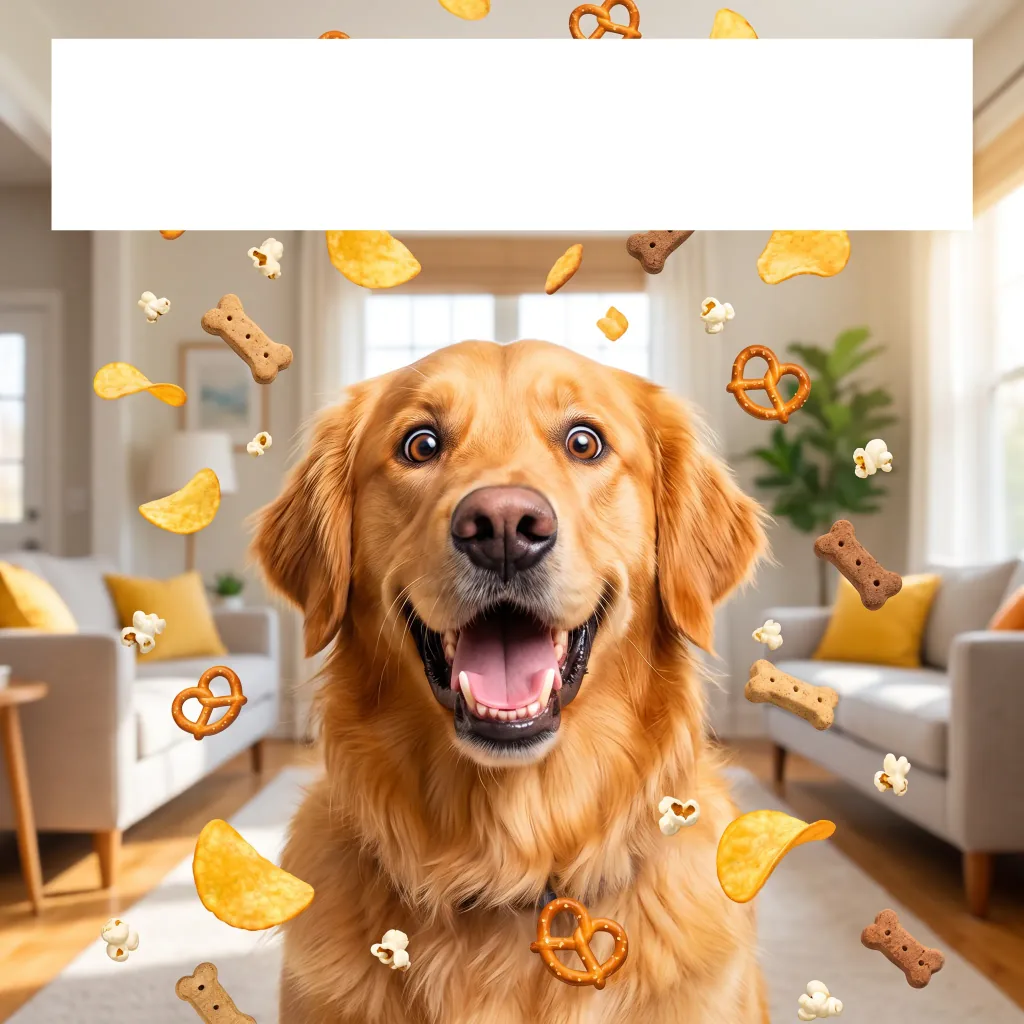 A meme image of a golden retriever thrilled among falling snacks: over-the-top joyful expression, bright colors, room for a caption, square.