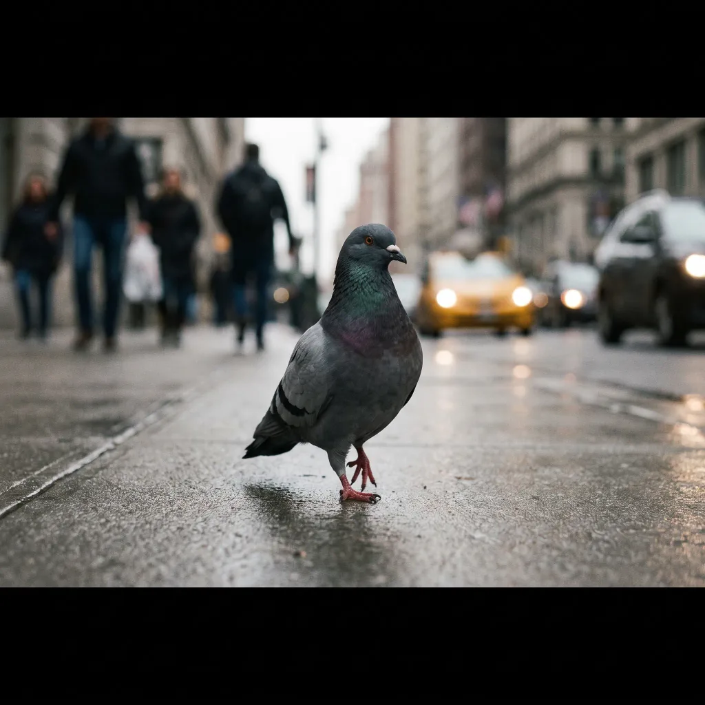 A meme image of a pigeon strutting confidently down a city street like a boss: deadpan cinematic vibe, blank caption areas, square.