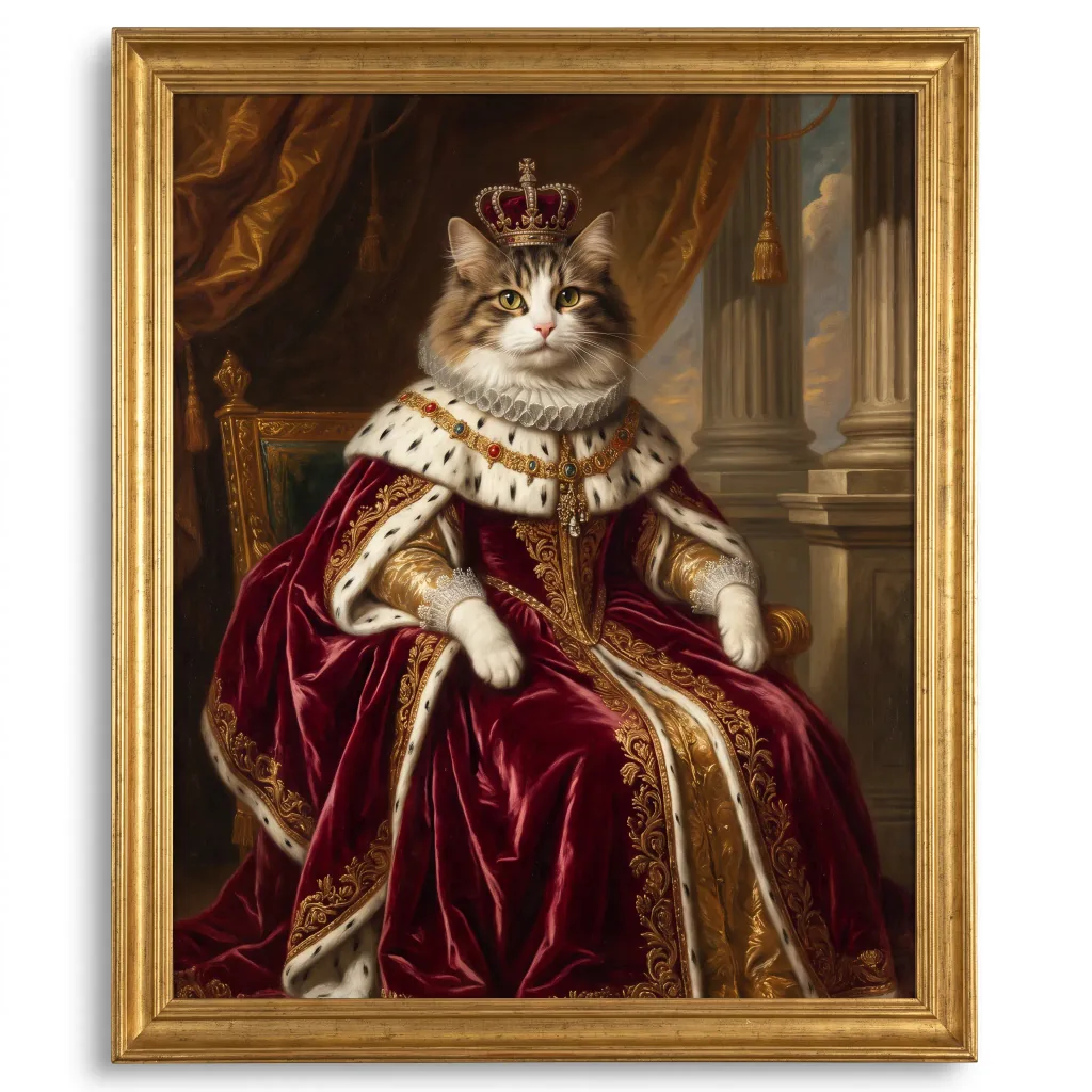 Turn your pet's photo into a Baroque oil painting: your pet dressed as royalty in velvet robes, painted backdrop, warm lighting, square format.
