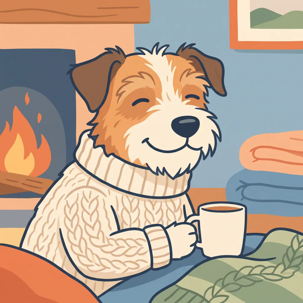 Turn your pet's photo into a cozy cartoon portrait: your pet in a knitted sweater, soft flat colors, charming mood, square format.