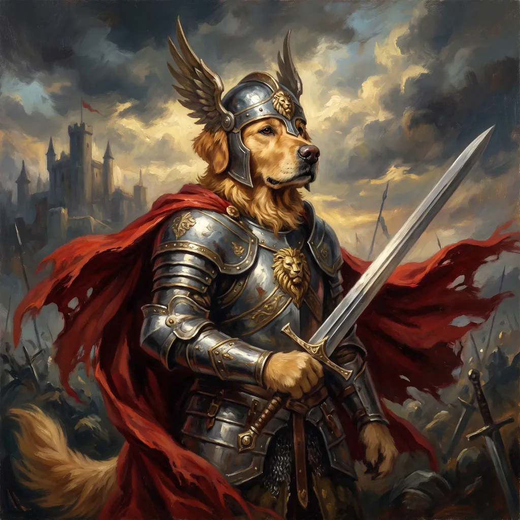 Turn your pet's photo into a brave-knight portrait: your pet in shining armor, dramatic painterly style, heroic mood, square format.