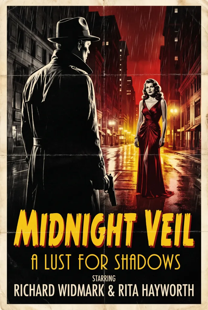 A vintage movie poster: a dramatic noir scene, bold title treatment, high contrast, vertical format.