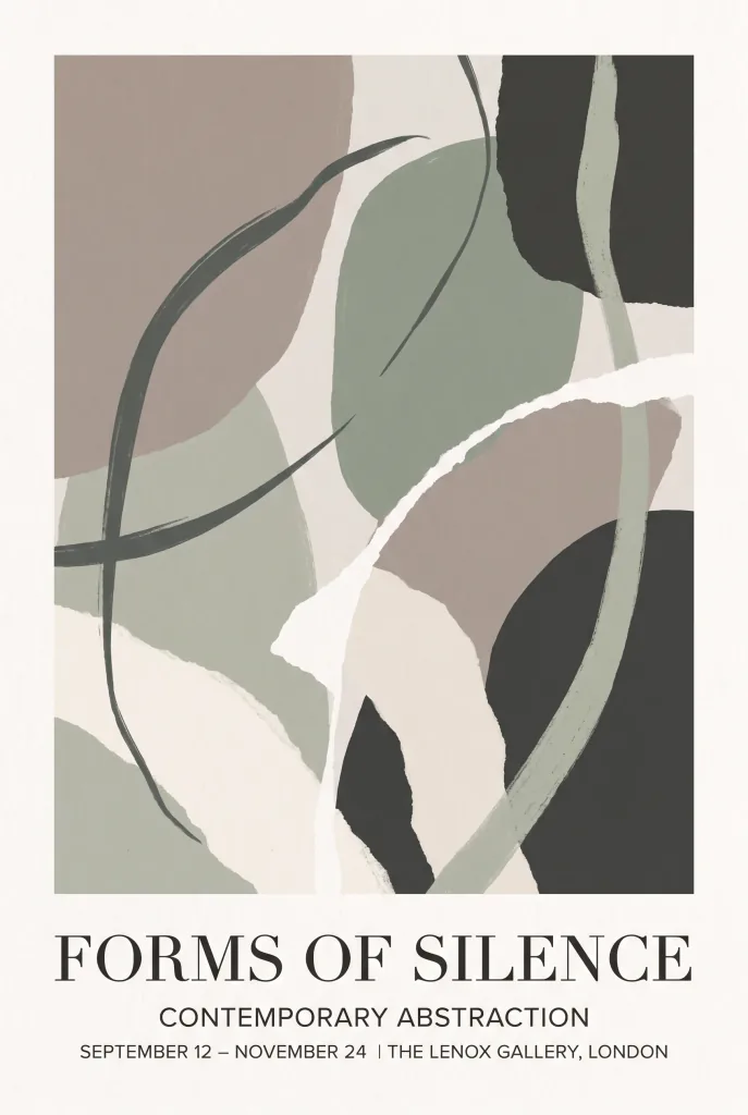An art-exhibition poster: elegant abstract shapes, refined gallery typography, muted palette, vertical format.