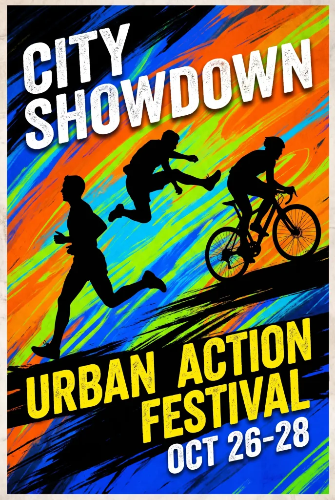 A dynamic sports event poster: a bold action silhouette, energetic diagonal composition, vivid colors, vertical layout.