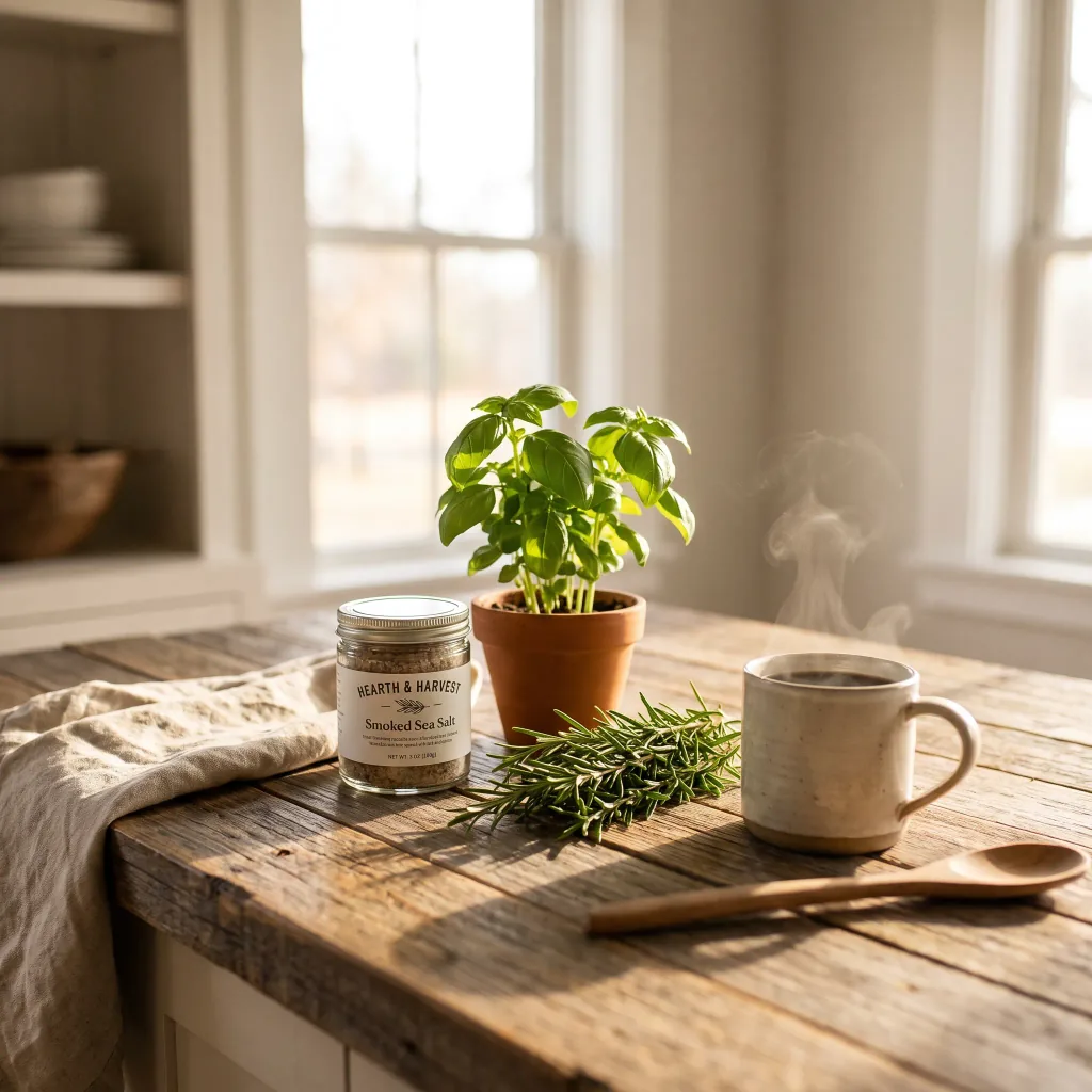 My product on a rustic wooden kitchen counter beside fresh herbs and morning coffee, warm daylight.