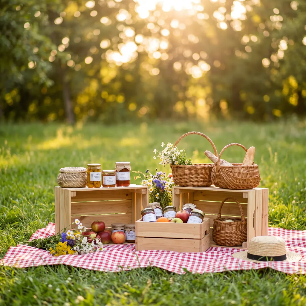 Place my product on a picnic blanket on the grass, summer bokeh, a bright and airy social-media mood.