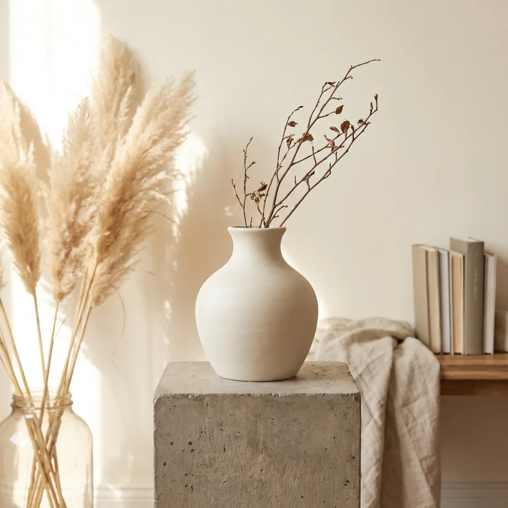 My product on a minimalist concrete pedestal beside dried pampas grass, soft neutral light, a modern look.