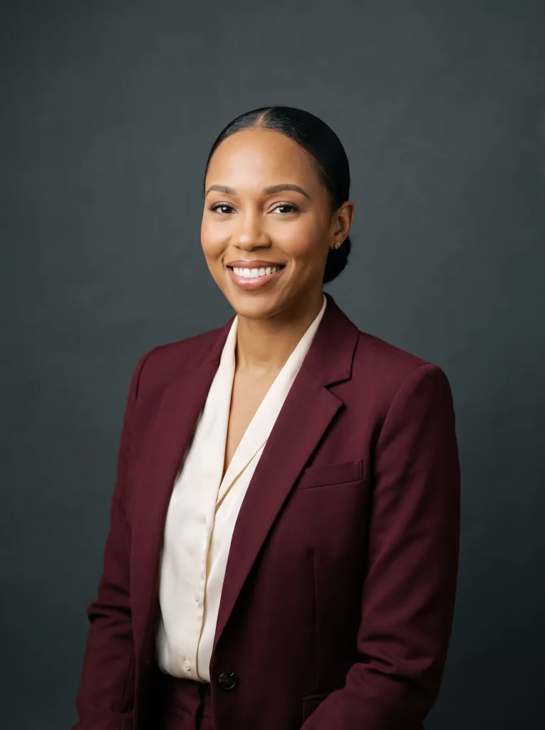 Studio business portrait in a burgundy blazer, seamless dark-grey backdrop, even softbox lighting, polished corporate look