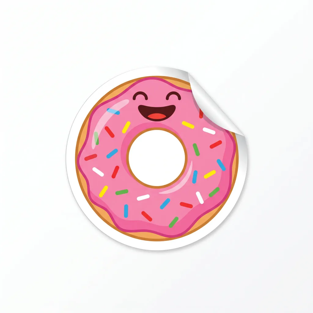 Pegatina troquelada de un donut sonriente con virutas: borde blanco marcado, colores planos vivos, fondo blanco.