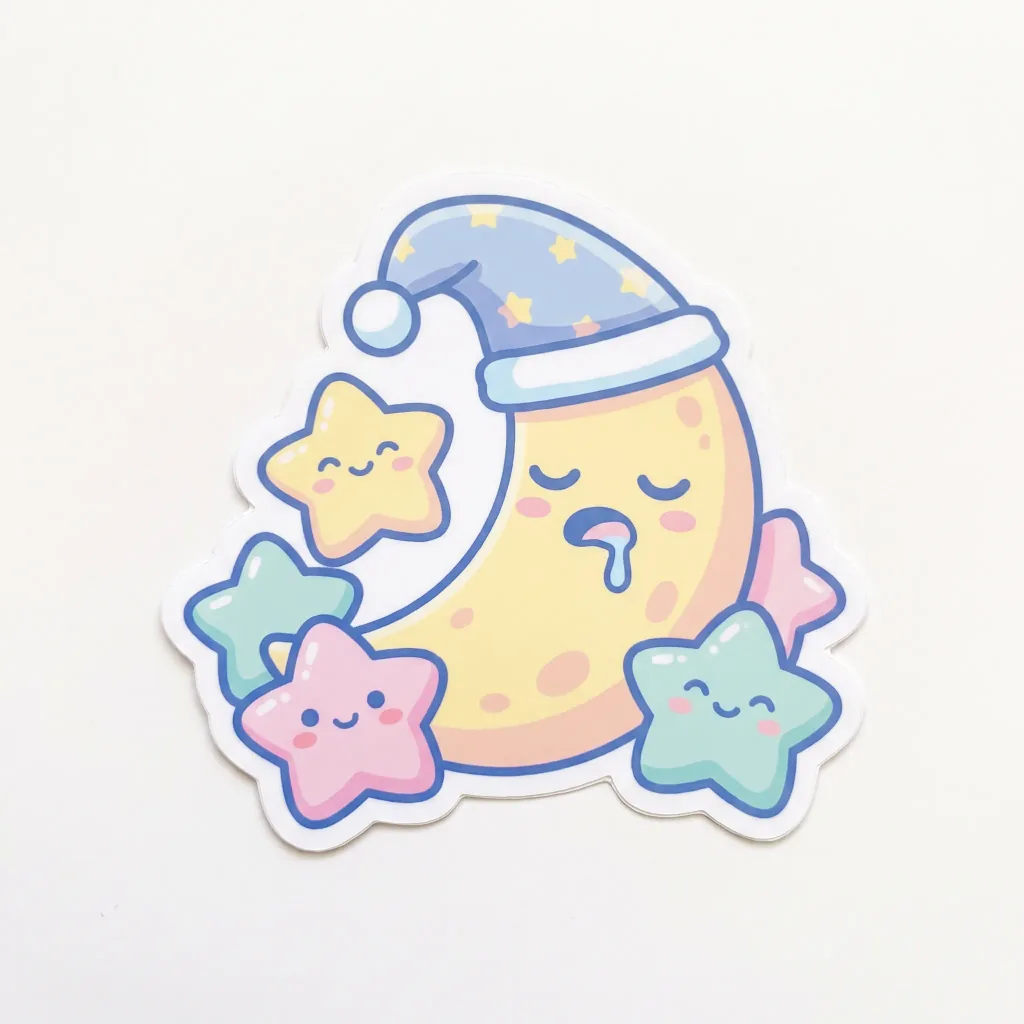 Pegatina troquelada de una luna dormida con estrellas: borde blanco grueso, colores pastel suaves, estilo kawaii, fondo blanco.