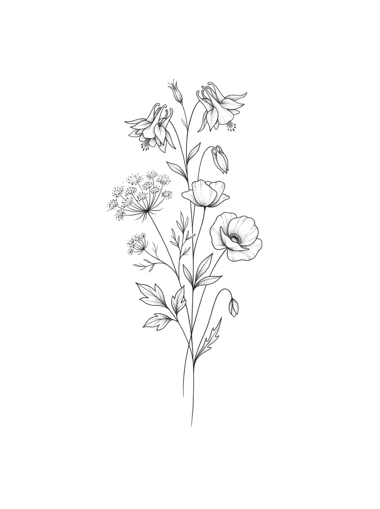 Tatuaje fine-line de un tallo de flor silvestre: líneas negras delicadas, mucho blanco, fondo blanco, vertical.