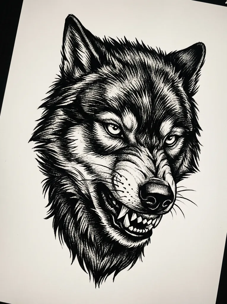 Tatuaje blackwork de una cabeza de lobo: sombreado marcado, alto contraste, fondo blanco, vertical.