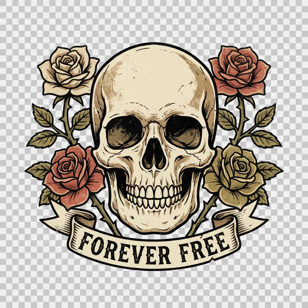 A t-shirt print of a vintage skull with roses: limited color palette, crisp outlines, isolated on a transparent background, centered.