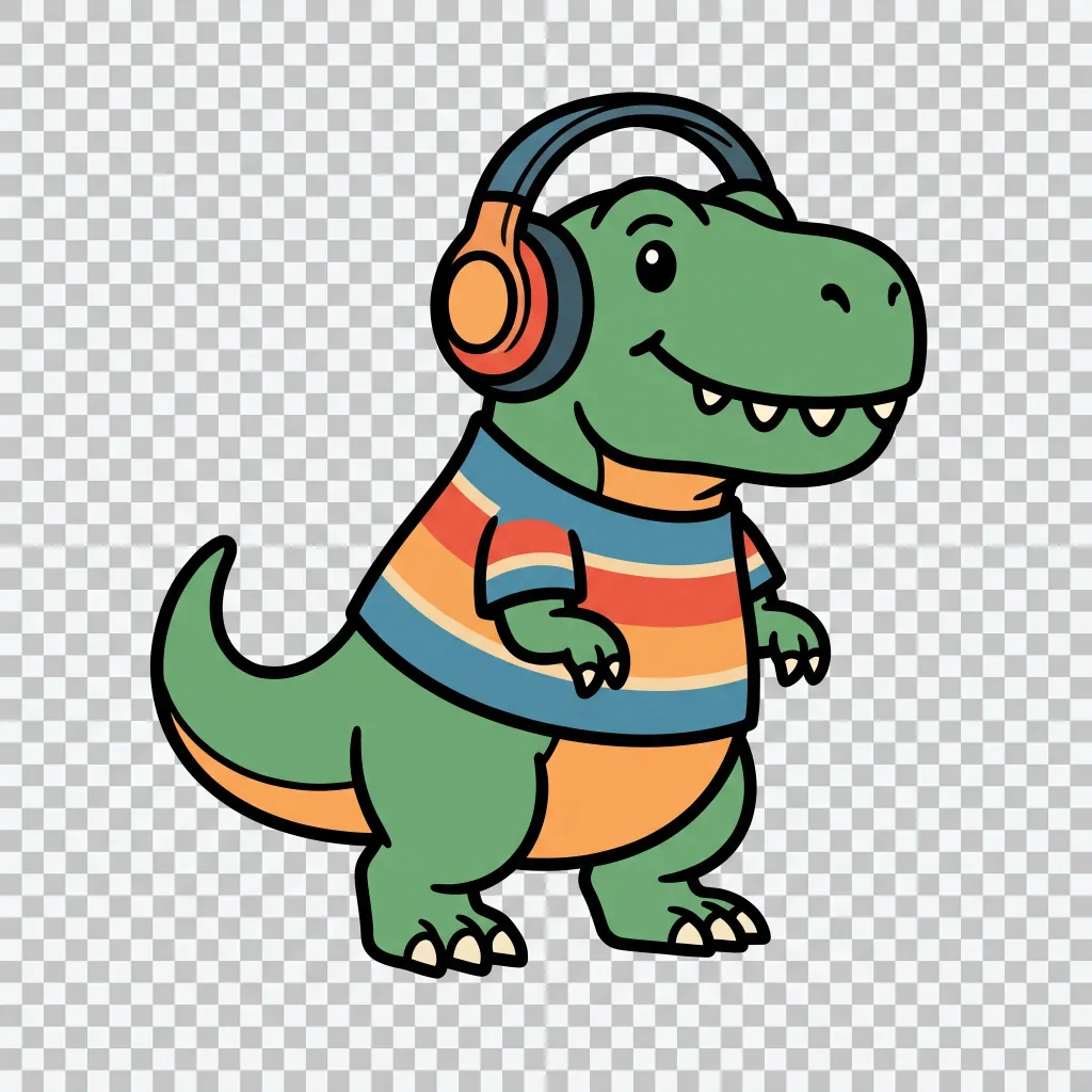 A t-shirt print of a cute cartoon dinosaur with headphones: bold outlines and flat colors, isolated on a transparent background, print-ready.