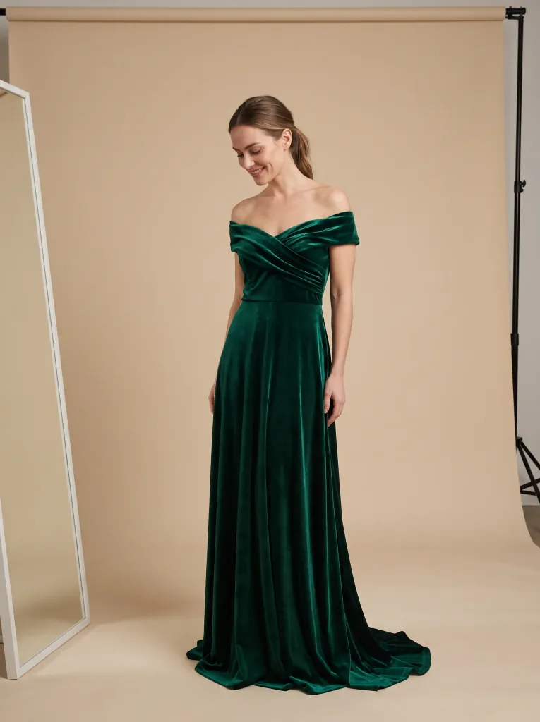 Realistic try-on of an elegant floor-length evening gown, soft studio light, plain neutral background, realistic fabric drape