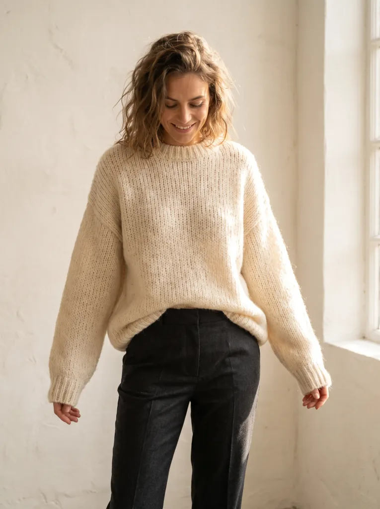 Try-on of a cozy oversized knit sweater and tailored trousers, warm daylight, plain backdrop, natural fabric texture